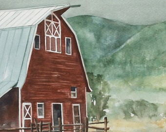 barn painting. landscape painting. watercolor painting of barn PRINT barn art print western cowboy red 4th of July decor 4th July patriotic