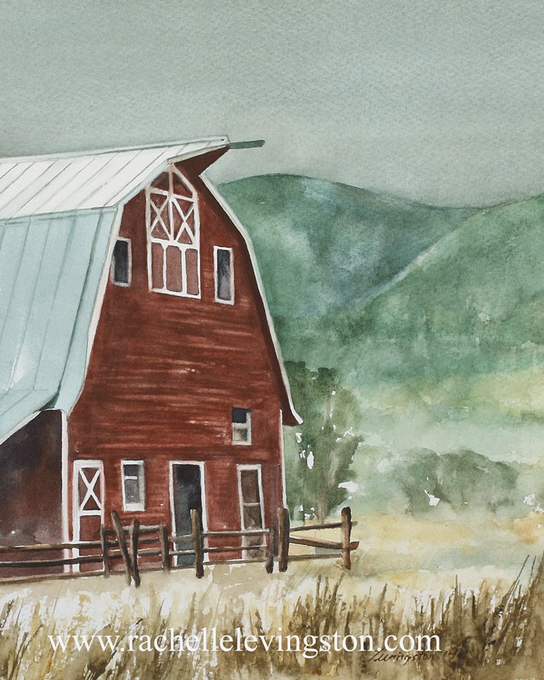 barn painting. landscape painting. watercolor painting of barn PRINT barn art print western cowboy red 4th of July decor 4th July patriotic image 1