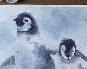 Original Penguin with baby Painting in watercolor- Original painting of Penguin baby Painting 10.75 x 7.75 inches