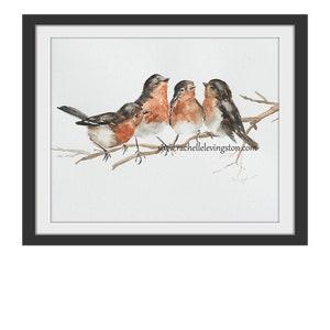 Watercolor Painting of 4 birds on a branch. Brown Bird Print Set. Watercolor Bird Nest painting SET. French country wall decor.