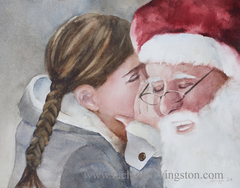 Watercolor Santa of Painting. PRINT of Santa holding girl Art For Christmas DECOR Santa Claus PRINT Santa wall art st nick image 1