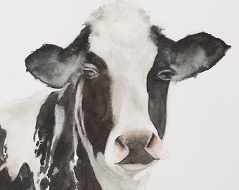 Holstein Cow painting. Holstein Cow Print. Black and White COW PRINT. Brown cow painting from Original Watercolor Cow Painting Horse SET