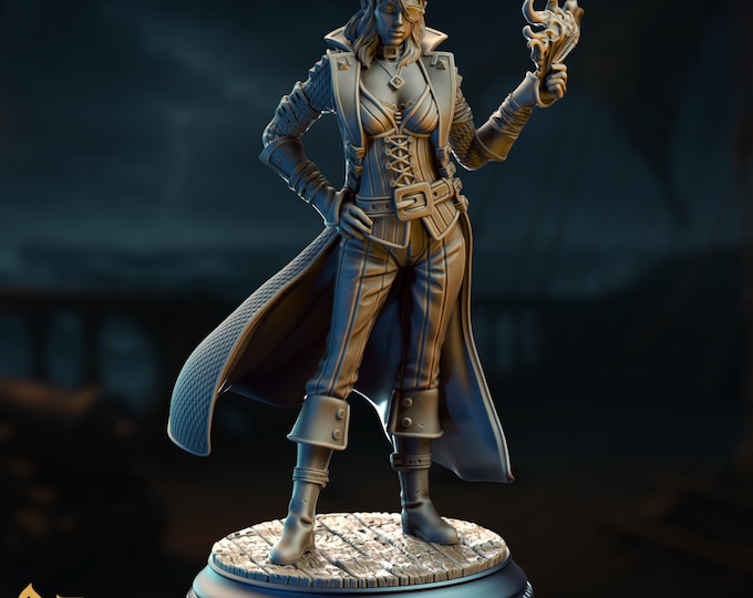 Pirate Sorceress Mini | Female Pirate Mage Miniature | Eyepatched Spellcaster with Fiery Focus | By DM Stash