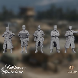 May include: A set of five unpainted gray resin miniature figures depicting soldiers in long coats and military caps. The figures are posed in various stances, including holding a map, using binoculars, and standing with arms crossed, all in a uniform style.