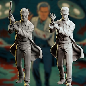 Puede incluir: Dos figuras grises de una persona con bata de laboratorio y pantalones. Una figura sostiene un arma, la otra se pone guantes. El fondo presenta una imagen borrosa de la misma persona y luces quirúrgicas, con salpicaduras rojas.