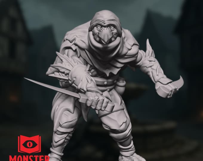 Kenku Rogue Mini | Sneaky Feathered Birdfolk Assassin with Twin Daggers For 5e Games | By Monster Atlas