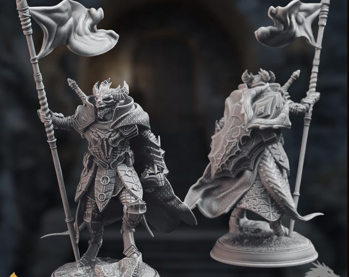 Dragonborn Banner Bearer Mini | Armored Standard Bearer Miniature | By DM Stash