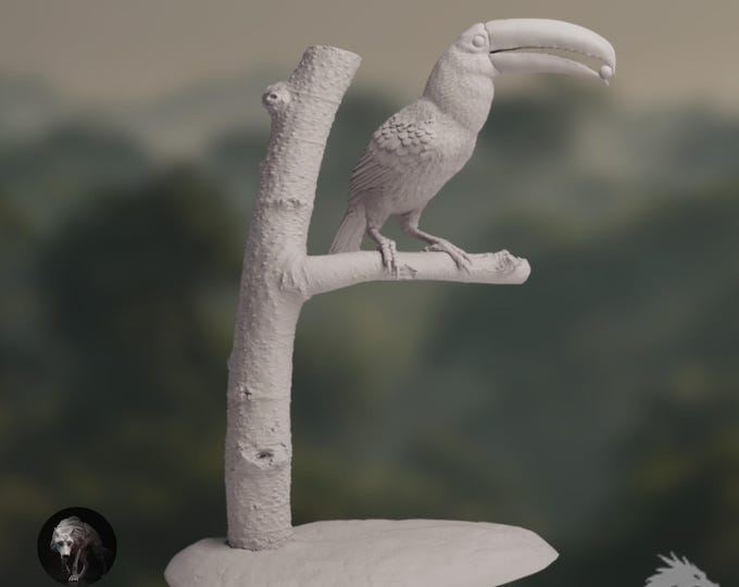 Tropical Toucan Miniature | Perched Bird Eating Fruit | Paintable Nature Decor | By Animal Den Miniatures