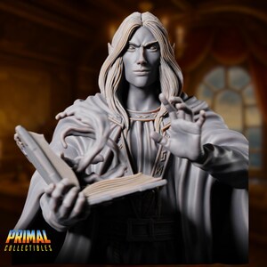 A refined elf wizard miniature stands mid-cast, one hand outstretched and the other holding an ornate tome. His long hair flows behind him, and his robe is embroidered with elegant arcane patterns. The sculpt captures a moment of concentration and grace atop a spell-inscribed base.