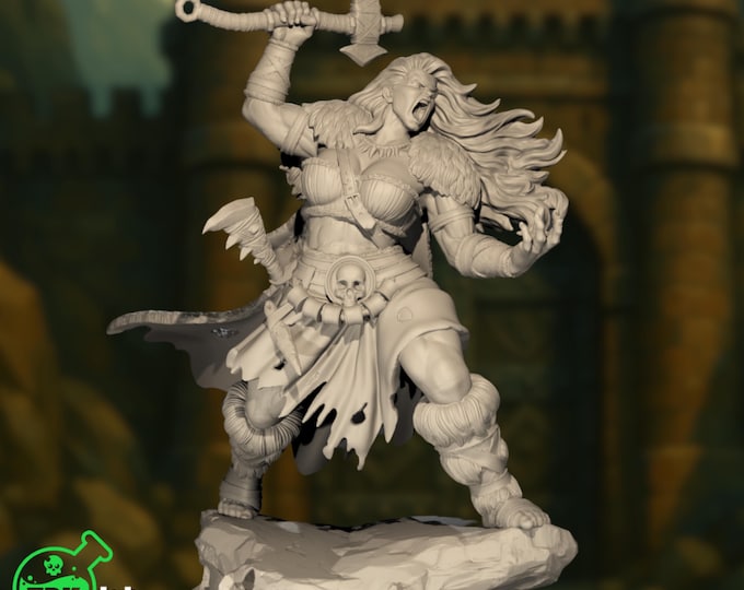 Ferocious Female Barbarian Mini | Raging Axe-Wielding Fighter Miniature (32mm-75mm) | By TPK Lab