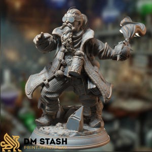 May include: A gray painted miniature figurine of a dwarf wearing a long coat, goggles, and holding a bag. The dwarf has a long beard and is standing on a gray base.