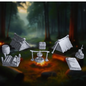 32mm Camp Terrain Miniature Set: Tents, Campfire & Gear