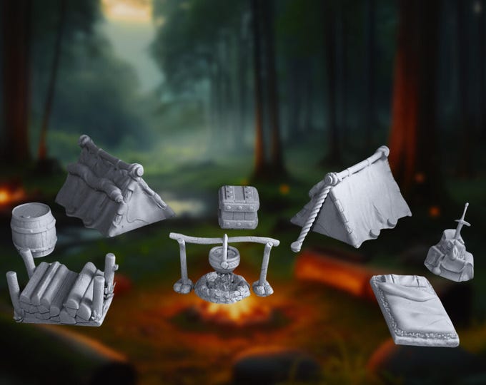 Camp Terrain Miniature Set for  |  Terrain with Campfire, Tents & Gear | 32mm Set | by TPK Labs