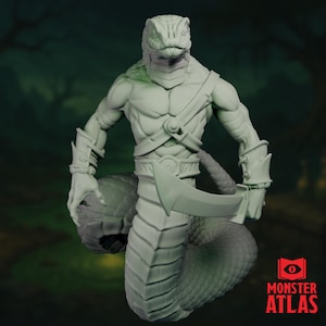 May include: A detailed, gray-toned figurine of a humanoid snake creature. The figure has a reptilian head, muscular torso, and a serpent-like tail. It is wearing armor and holding a curved blade. The Monster Atlas logo is in the bottom right corner.