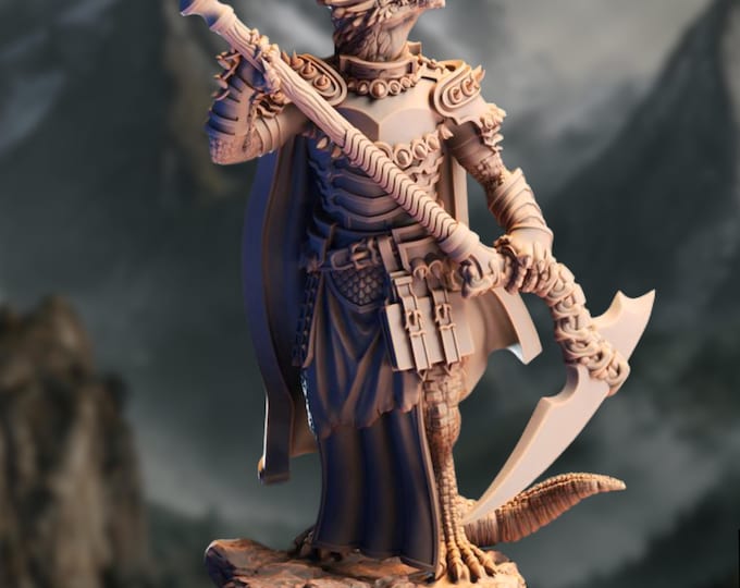 Armored Dragonborn Fighter Mini | Dragonborn Noble with Scythe and Cloak | By DM Stash