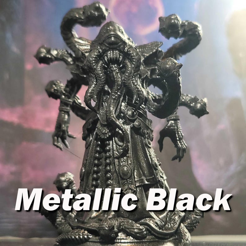 May include: A detailed, metallic black miniature of a tentacled creature with a single eye and a long, flowing robe. The creature has multiple arms and appears to be a fantasy or horror figure.