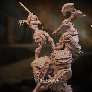 Stunning Female Giant Slayer Miniature Scene | Female Barbarian vs Storm Giant Battle Scene Model Kit | By Nerikson