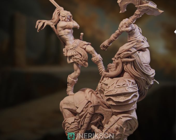 Stunning Female Giant Slayer Miniature Scene | Female Barbarian vs Storm Giant Battle Scene Model Kit | By Nerikson