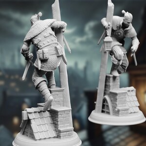Back view of an Assassin Rogue miniature perched on a rooftop ledge, with intricate armor and a lantern-lit wooden post.