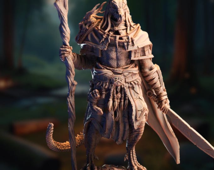 Dragonborn War Caster Mini | Warlock Miniature with Sword and Staff | By DM Stash