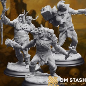 May include: Three gray fantasy miniatures of muscular figures, each in a dynamic pose. One figure holds a staff, another a large hammer, and the third a weapon. The figures are detailed with fur, armor, and other accessories. The base of each figure is a dark gray.