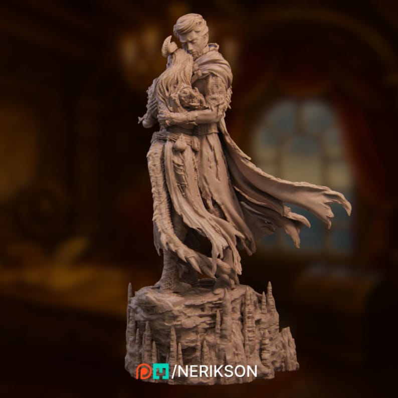Angled rear shot of the male figure’s cape billowing dramatically as he holds the tiefling closely.