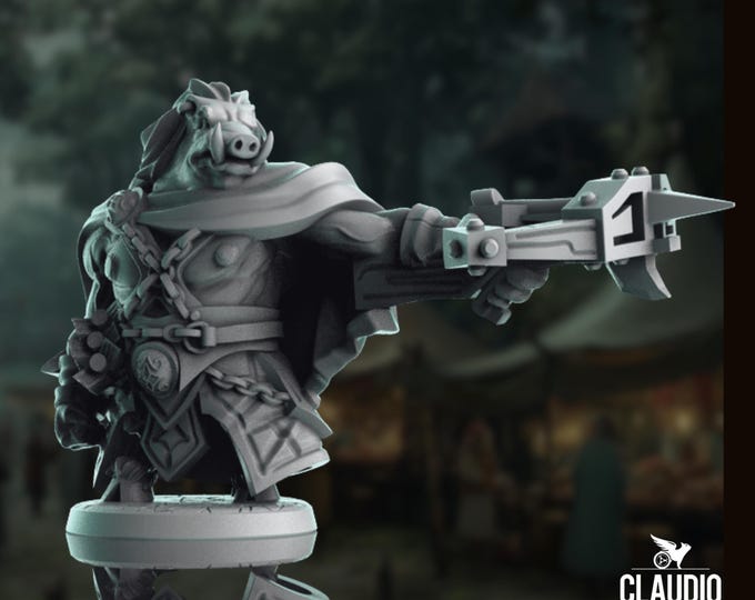 Boar Ranger Mini | Beastfolk Hunter Miniature | Boarfolk Animal Warrior | By Claudio Casini