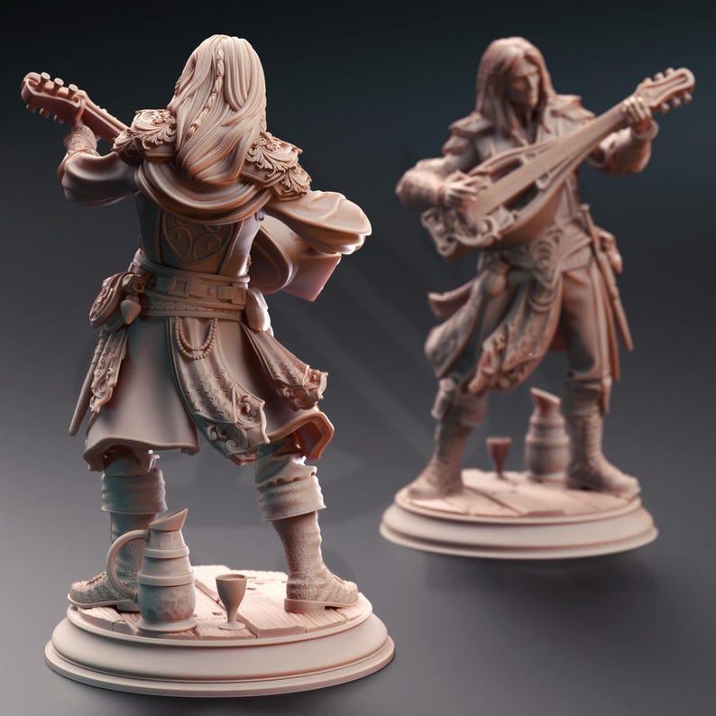 May include: Two detailed figurines of musicians playing stringed instruments. Both figures are wearing elaborate clothing and are posed in a dynamic playing position. The figures are painted in a light brown color and are set on circular bases.