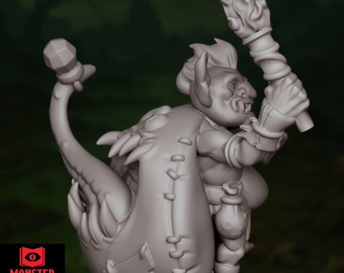 Dungeon Guide Goblin Mini with Mimic Companion | Torch-Wielding NPC with Sentient Bag of Holding Miniature | By Monster Atlas