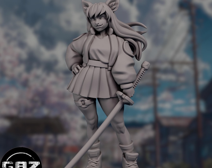 Anime Catgirl Miniature | Nekomimi Warrior with Katana | SFW & NSFW Versions | By Gaz Minis