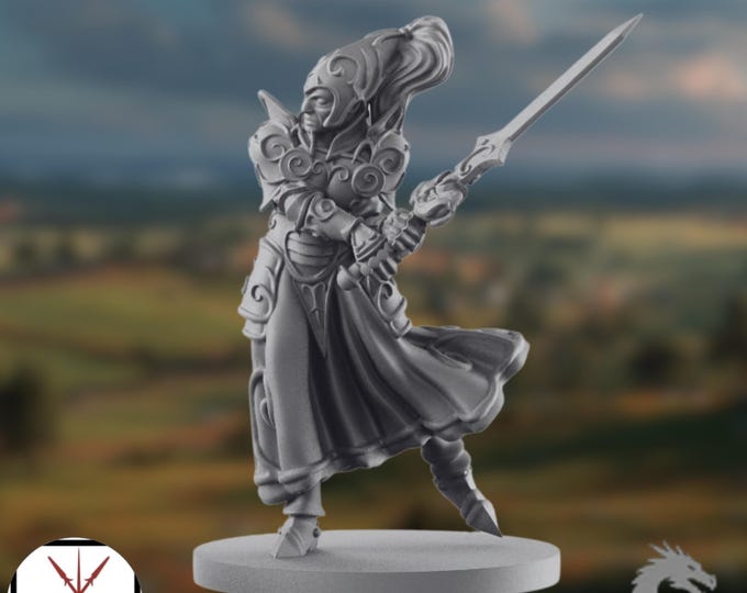 Female Paladin Mini | Human Fighter Miniature | Armored Sword Knight | By Crosslances