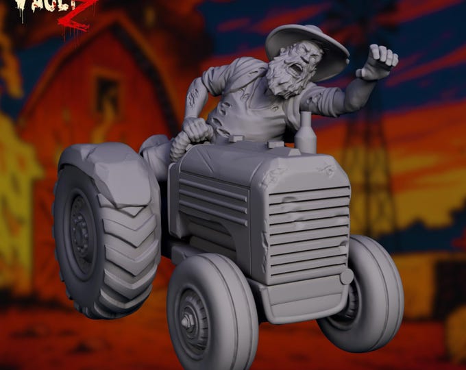 Zombie Farmer on Tractor Mini | Apocalyptic Barnstormer Miniature | Undead Driver with Hat and Overalls | By VaultZ