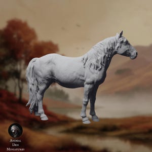 May include: A detailed, gray miniature horse figurine. The horse is standing, with its head turned slightly to the right. The mane and tail are flowing. The background is a blurred landscape with trees and a logo that says "Animal Den Miniatures".