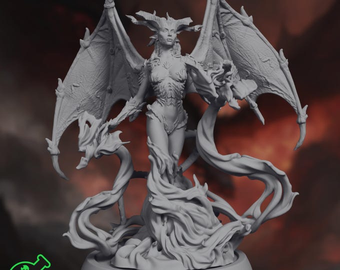 Dragon Queen Mini | Infernal Succubus Miniature | Female Archfiend with Wings and Hellfire Base | By TPK Labs