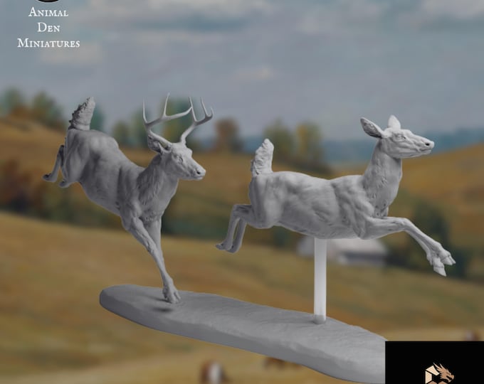 Deer Mini Set | Buck and Doe Miniatures | Leaping Wildlife Paintable Animal Pair | Animal Den