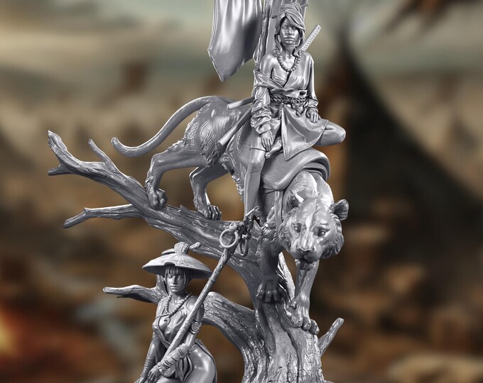 Tiger Mounted Female Warrior and Staff Wielding Guardian | 7" & 10" Unpainted 3D Printed Diorama | By Kuton Figurines