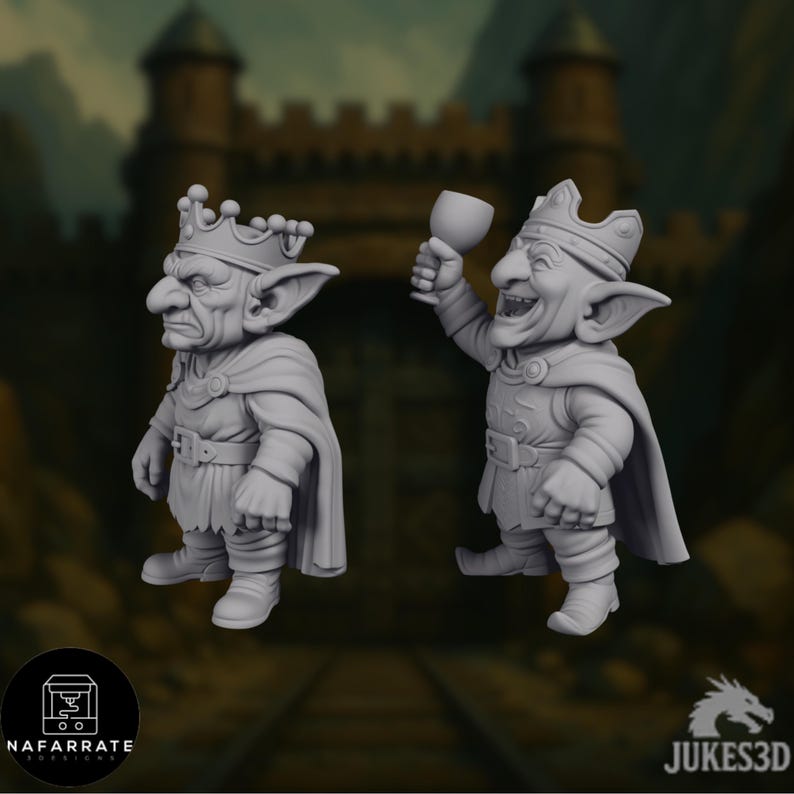 Angled view of two goblin king miniatures showing expressive faces, pointed ears, layered royal clothing, belts, and capes, posed as contrasting personalities within a goblin court.