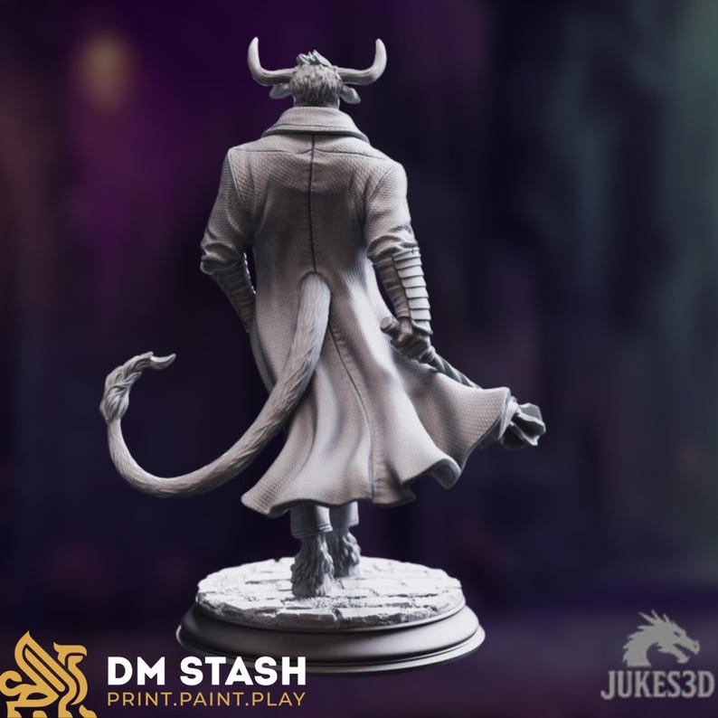 May include: A gray figurine of a minotaur-like character, viewed from the back, wearing a long coat. The figure has horns, a tail, and is standing on a circular base. The text "DM STASH PRINT.PAINT.PLAY" is visible at the bottom.