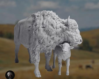 Bison Cow and Calf | Realistic Resin Buffalo Figurine | Paintable Wildlife Sculpture | By Animal Den Miniatures