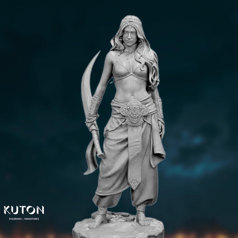 Hero shot of the completed model on textured base, showcasing full pose, outfit details, and long flowing hair.