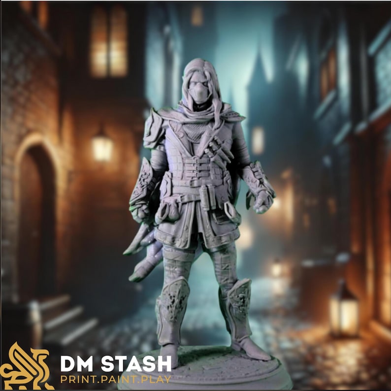 Front-facing elf rogue 3D print miniature, with detailed layered gear, bracers, and a dual-dagger setup, set in a moody medieval street scene—crafted for tabletop roleplaying games and miniature painting enthusiasts.