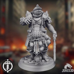 May include: A detailed 3D-printed figurine of a knight in full armor, holding a sword. The knight has a helmet with a cross design, shoulder pads, and chainmail. The figure is gray and stands on a circular base with skulls. The Jukes3D logo is visible.