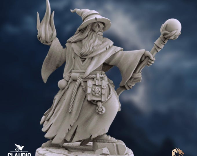 Bearded Wizard Miniature |  Staff-Wielding Warlock Mini | 28mm–40mm Resin Tabletop Figure | By Claudio Casini