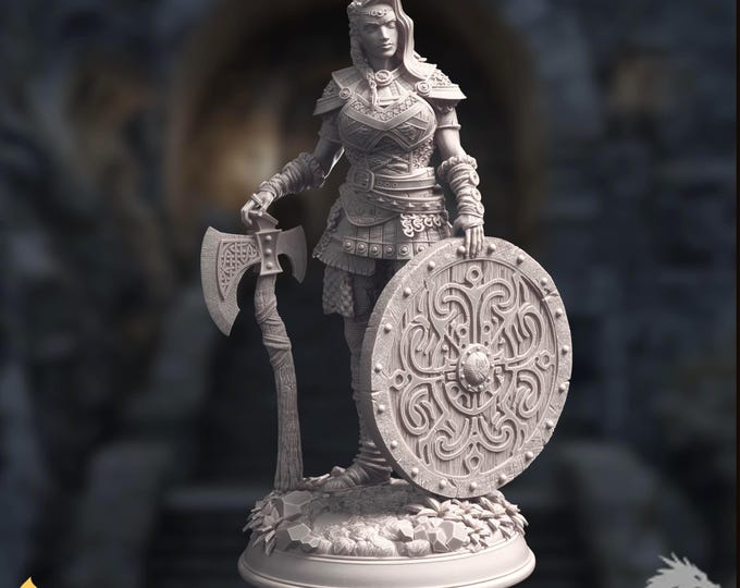 Female Fighter Mini | Axe and Shield Battle Master Miniature | By DM Stash
