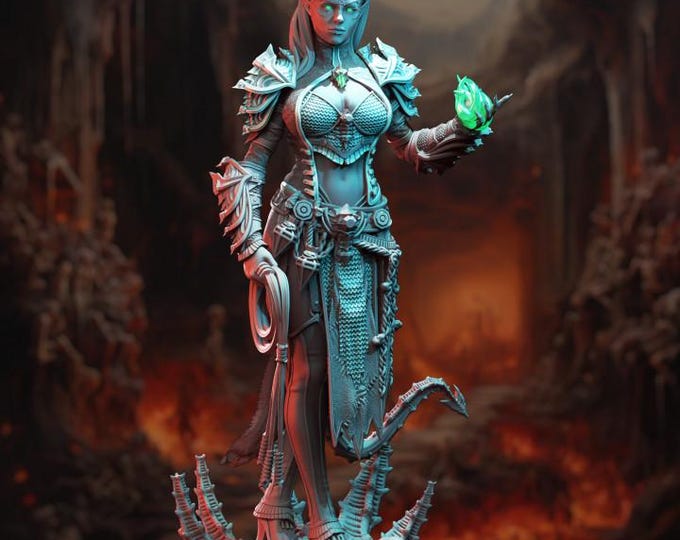 Infernal Tiefling Sorceress Miniature – Female Tiefling Mini | Spellcaster, Wizard, Warlock | Evil Villain, or Hero Mini | by DM Stash