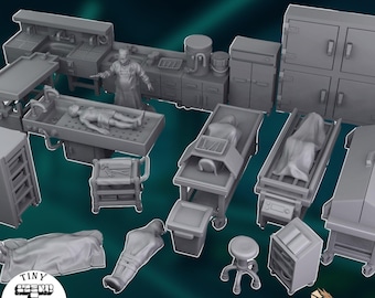 Morgue Scenery Set | Autopsy Room Terrain | 28-32mm Modern Horror RPG Scatter Scenery | By Tiny Furniture