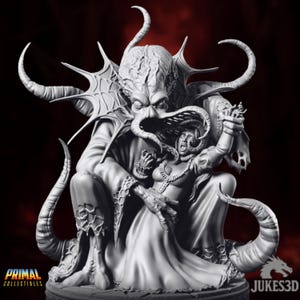 May include: A grey resin figurine depicting a tentacled creature with a textured, brain-like head looming over a person in a long dress. The creature has multiple long tentacles extending outward, and the text PRIMAL COLLECTIBLES and JUKES3D are visible.