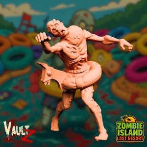 May include: A peach-colored zombie figure with a horse-shaped float around its waist. The figure is posed in a running stance, with a detailed skeletal structure. The background features colorful pool floats and the text "Zombie Island Last Resort."