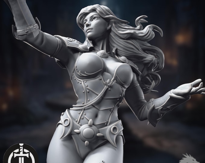 Elven Sorceress Miniature | High Elf Wizard Mini | Elegant Mage with Flowing Hair | Broken Swords