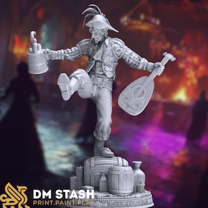 Male bard miniature standing atop a barrel with lute in one hand and a frothy mug in the other, mid-dance. Background of lively tavern hall.